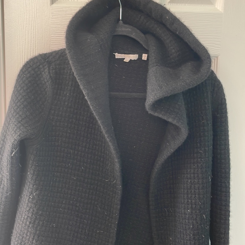 Vince. Honeycomb black wool knit cardigan with hood and pockets size medium